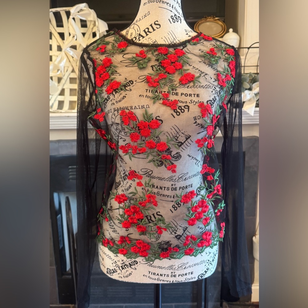 Vintage Black Sheer Long Sleeve Blouse Red Embroidered Flowers Small Floral Mesh